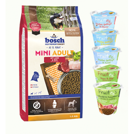 bosch MINI ADULT Lamb & Rice 15kg + bosch FRUITEES asorti